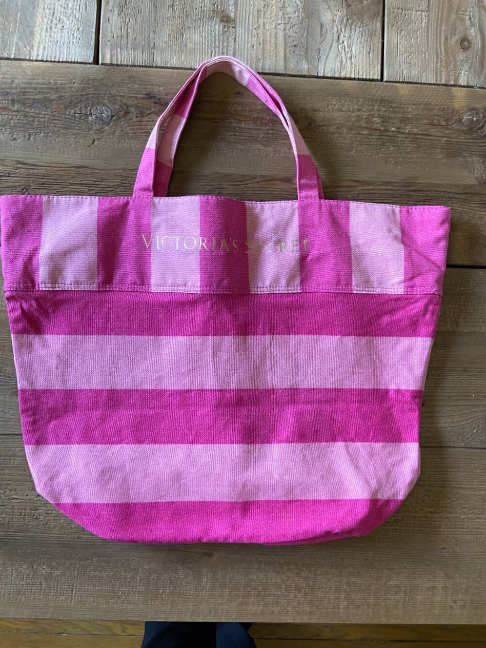 victorias secret tote bag, pink striped tote bag, oversized canvas beach tote, l - Picture 2 of 8